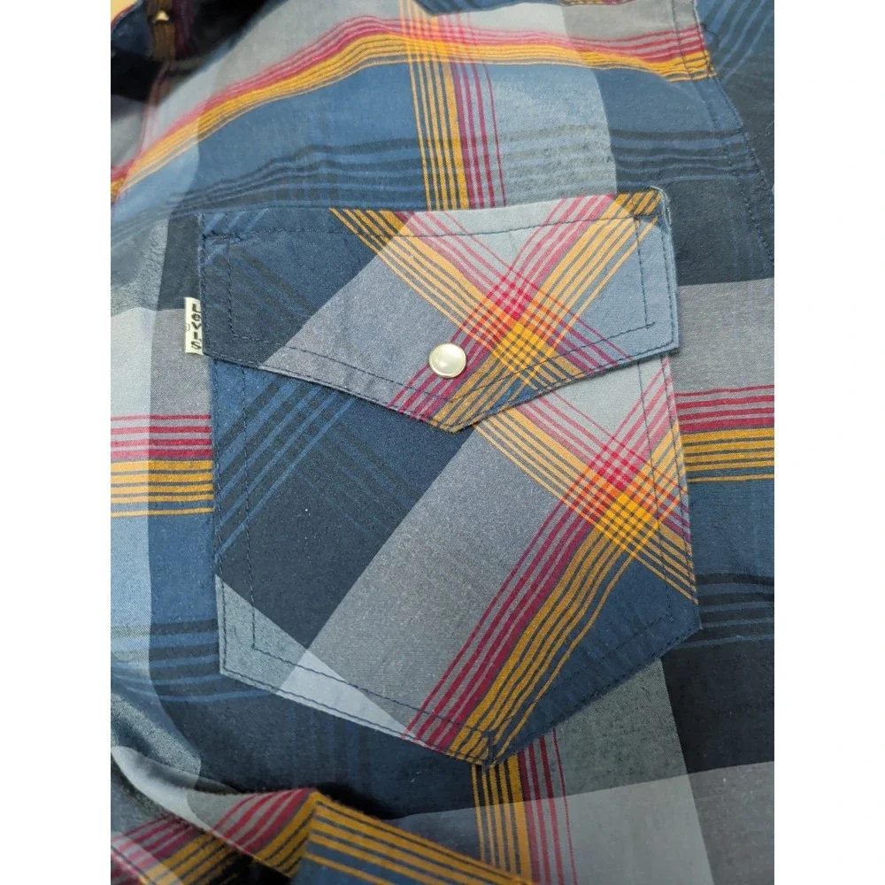 Levi Pearl Snap‎ Long Sleeve Shirt Mens XL Blue Plaid Western Rodeo Landman